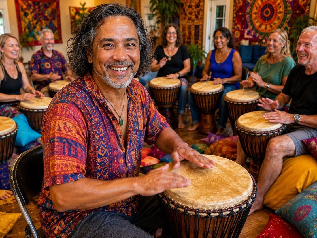 A man leading a friendly local drumming session
